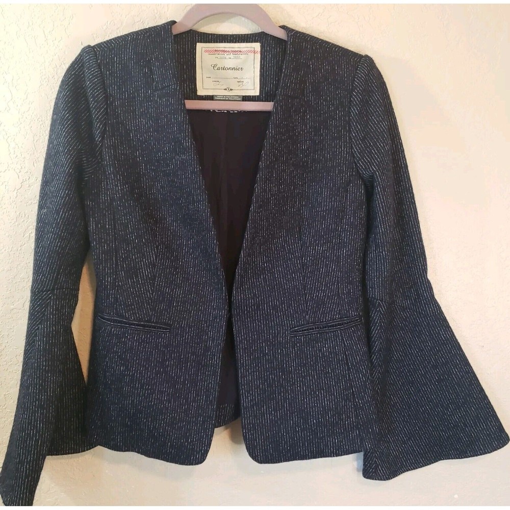 Cartonnier Anthropologie Women Sz 0 Navy Pinstripe Bell Sleeve Wool Blend Blazer